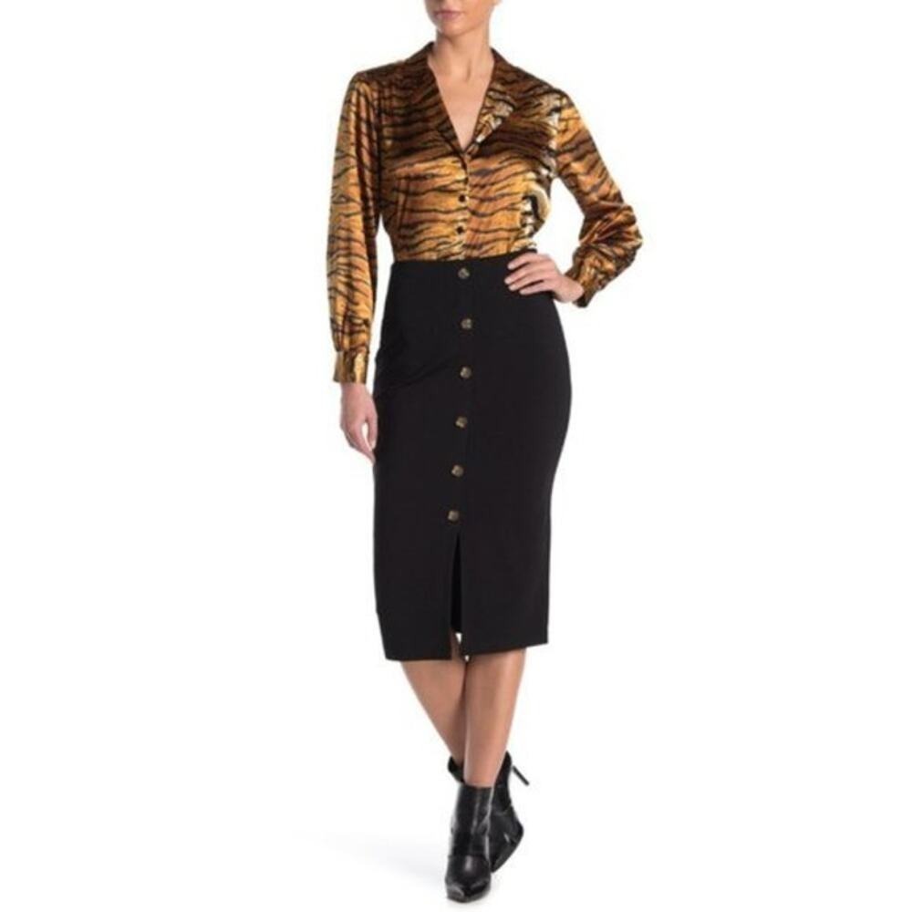 Sanctuary Button Front Pencil Skirt Womens Small Black Midi High Waist Slit